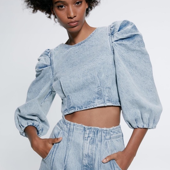 Zara Balloon Sleeve Denim Top Size M - Picture 2 of 7